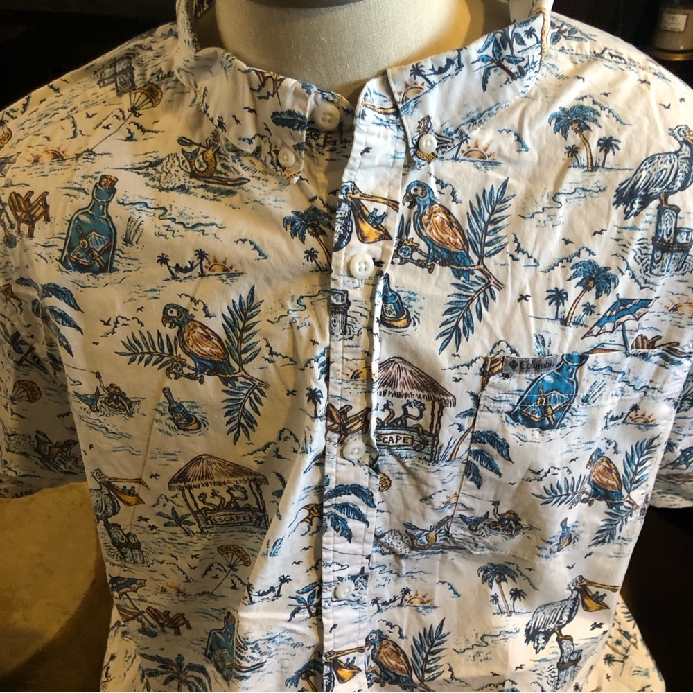 Columbia Tropical Print Parrot Rum Tiki Hut Palm Tree Mermaid Hawaiian Shirt
